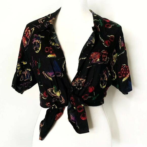 vintage JR Bentley Button Down print Shirt Ladies Top Black Sz L - Picture 4 of 10